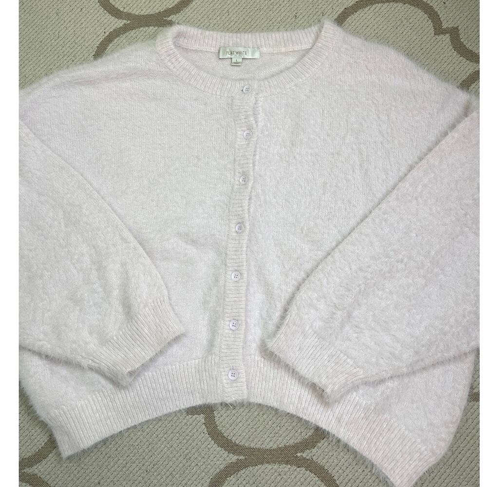 Anthropologie Flat White Eyelash Fuzzy Button Cardigan Sweater Cream Size Large - Picture 4 of 13